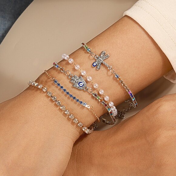 3/$35 5-Piece Charm Bracelet Set Set Evil Eye Dragonfly Pearl Rhinestone Chains - Picture 1 of 8